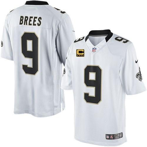 Men's Limited Drew Brees C Patch Nike Jersey White Road - #9 NFL New Orleans Saints